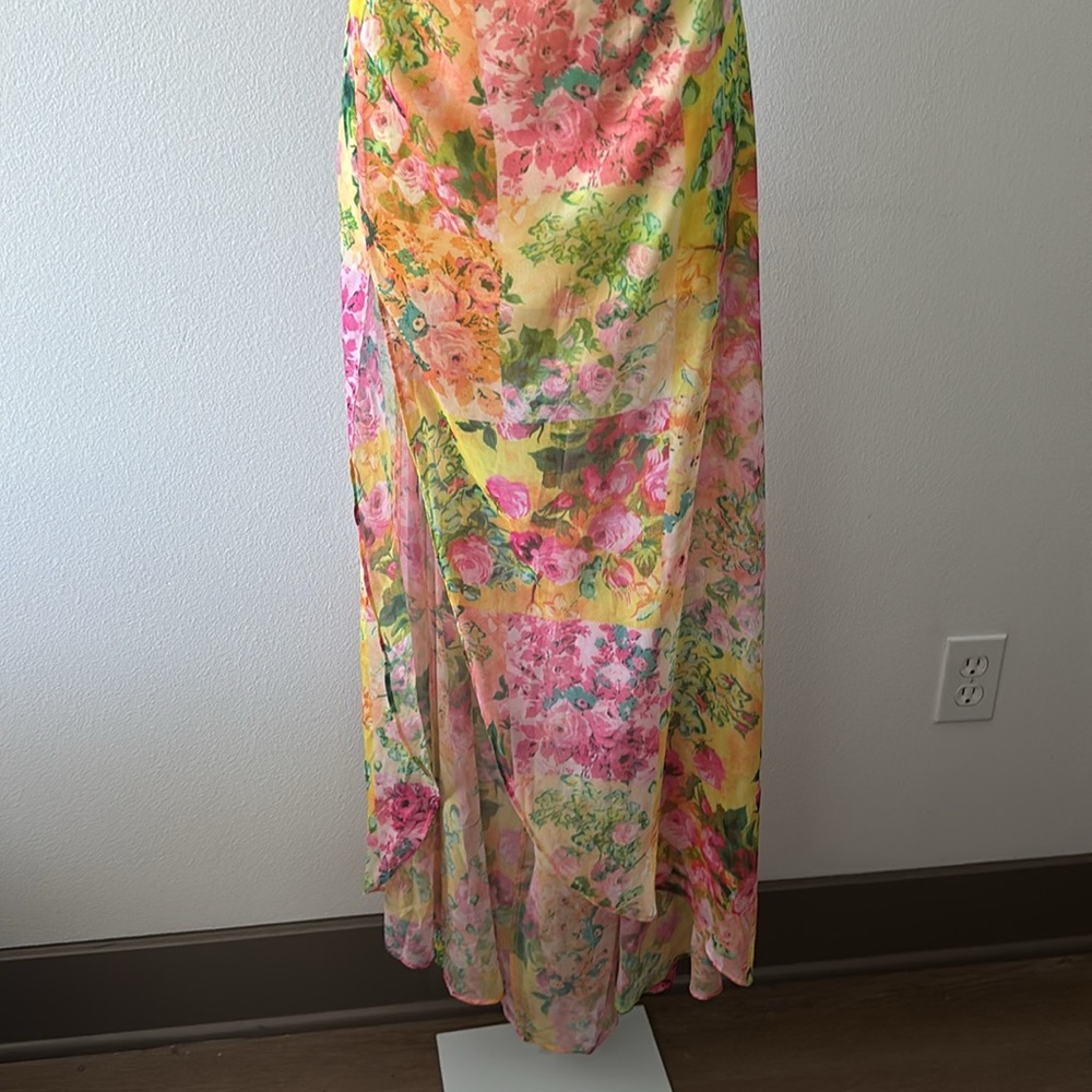 NWT Floral Dress L Y2K Lace-Up Back Maxi Side Slit Coquette Boho Resort Romantic - Picture 3 of 16